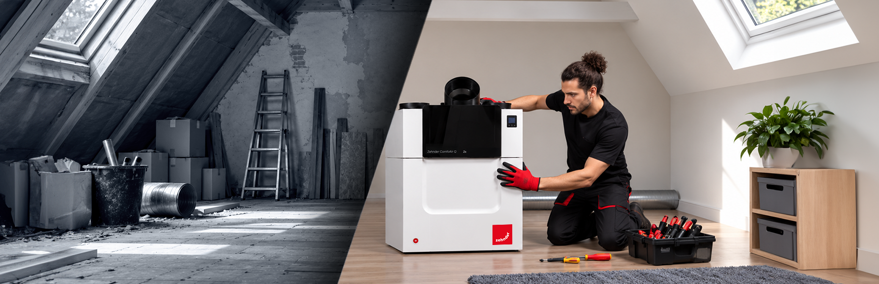 Avant et après la rénovation : installation d'une unité de ventilation Zehnder ComfoAir Q dans des combles rénovés