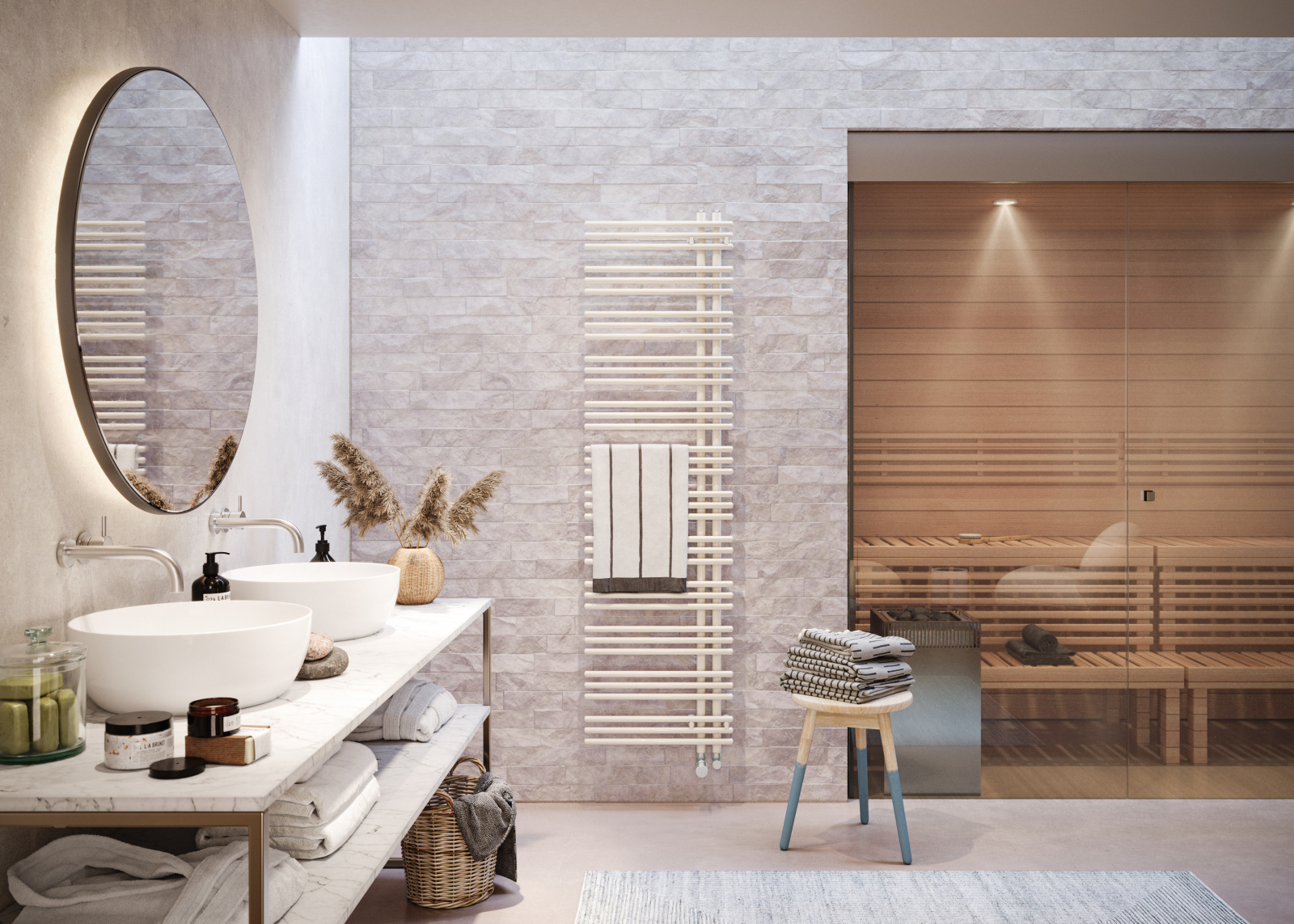 Zehnder-RAD-Yucca-Asym-HY-milieu-bathroom_ChromeValve Rendering Zehnder Yucca Asym Decorative radiator Front view