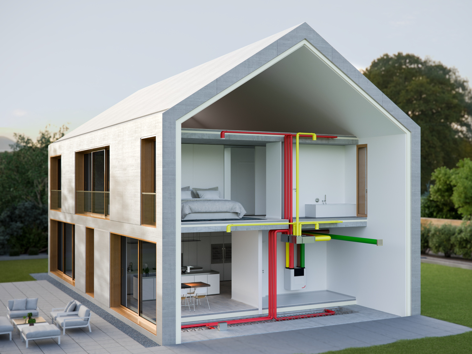 Maquette d'une maison présentant des systèmes intégrés de chauffage, de climatisation et de ventilation