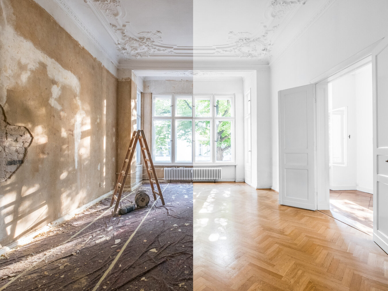 Photos « avant » et « après » d'une pièce faisant l'objet d'une rénovation partielle avec des modifications structurelles