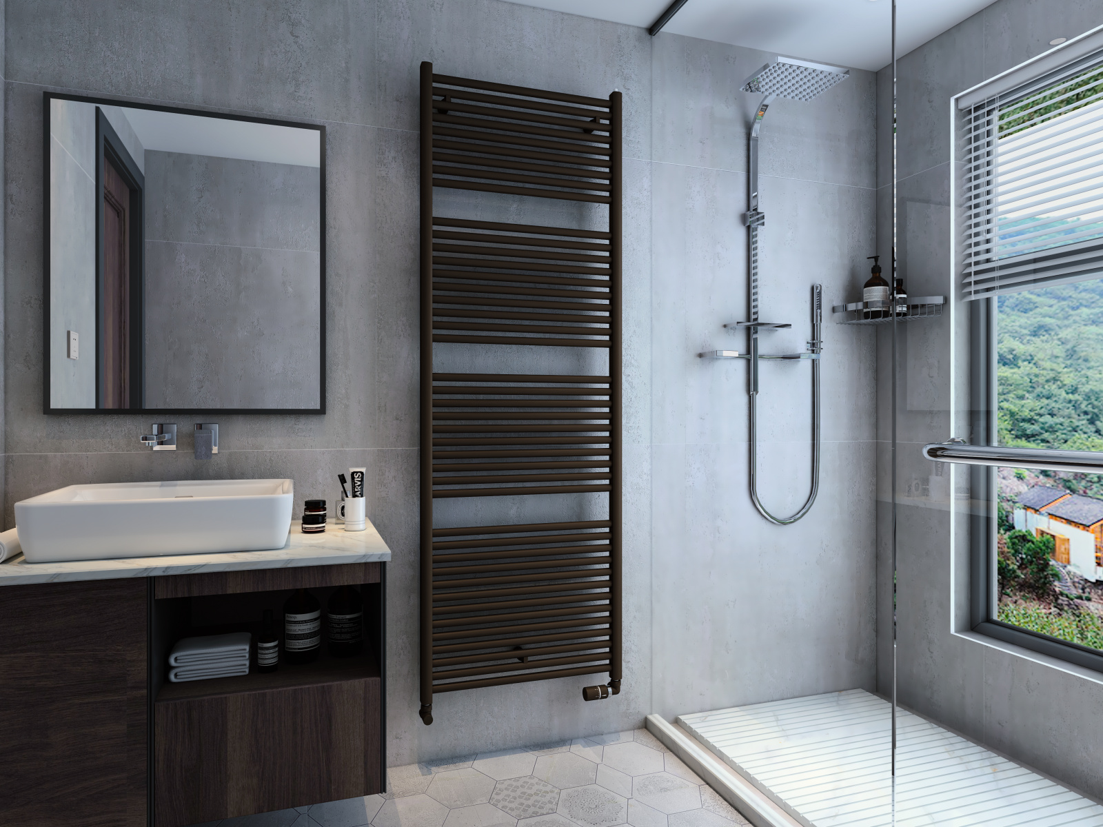 Zehnder_RAD_Toga-HY_180-060_BrownQuarz_millieu_bathroom Rendering Zehnder Toga Decorative radiator Angled view