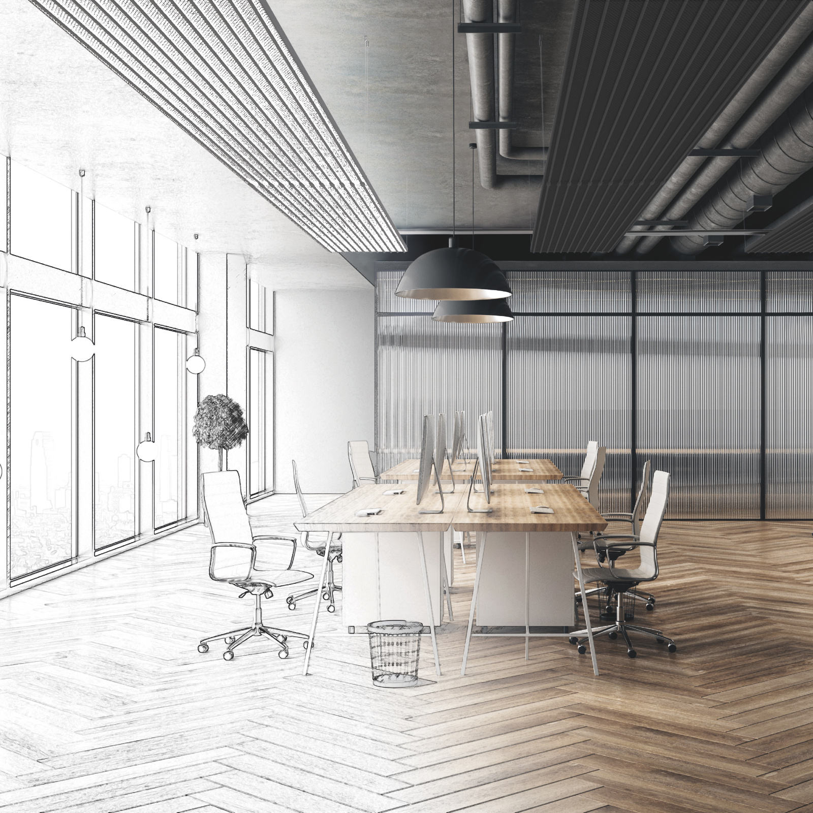 Modern hand drawn meeting room office interior with city view and daylight. Architecture and engineering concept. 3D Rendering
