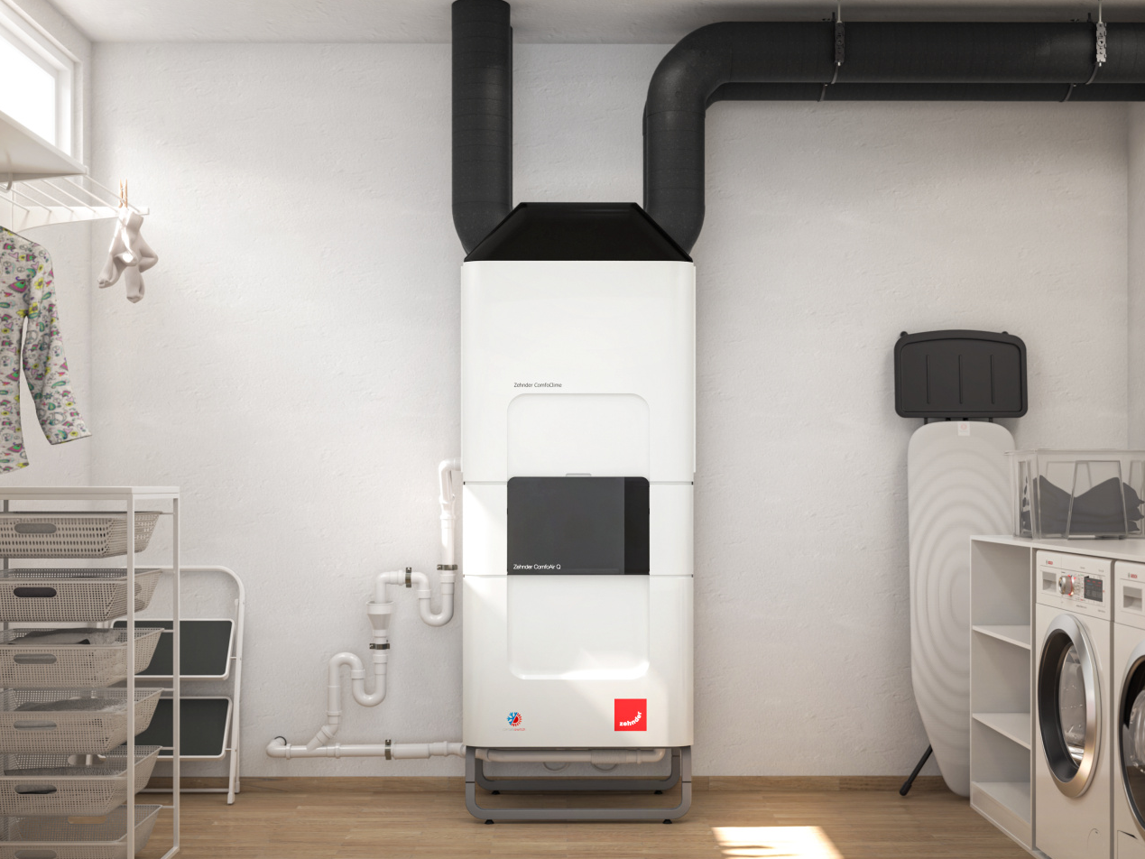 Unité de ventilation Zehnder installée dans la buanderie pour assurer l'apport d'air frais à l'intérieur
