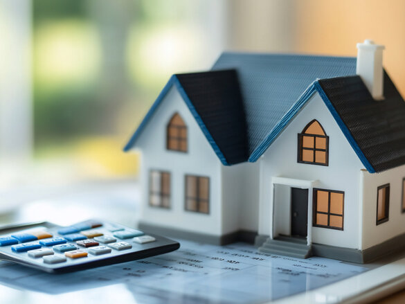 A house model and calculator displayed on a tablet, symbolizing real estate finance and home affordability, budgeting, and investment.